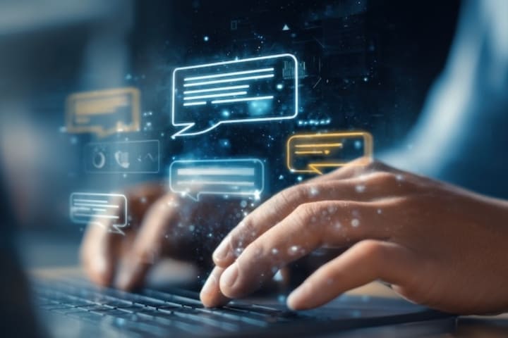 問い合わせをイメージする、キーボードで作業する手とデジタルアイコン